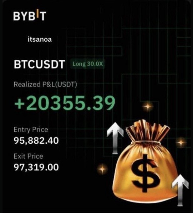 Bybit summary card for a closed BTC/USDT long at 30x leverage, showing realised P&L of 20,355.39 USDT, entry price 95,882.40 and exit price 97,319.00.